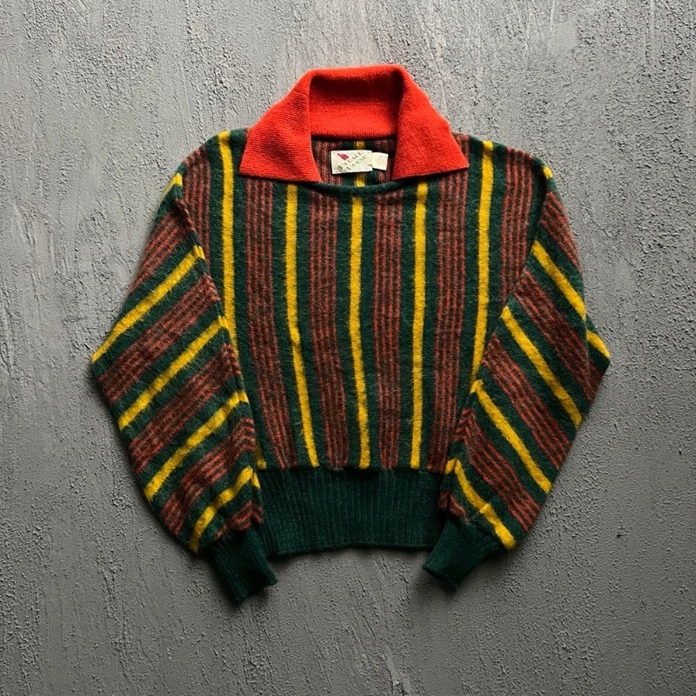 Vintage Herald House Sweater Small Green 1980s Striped Knit Pullover